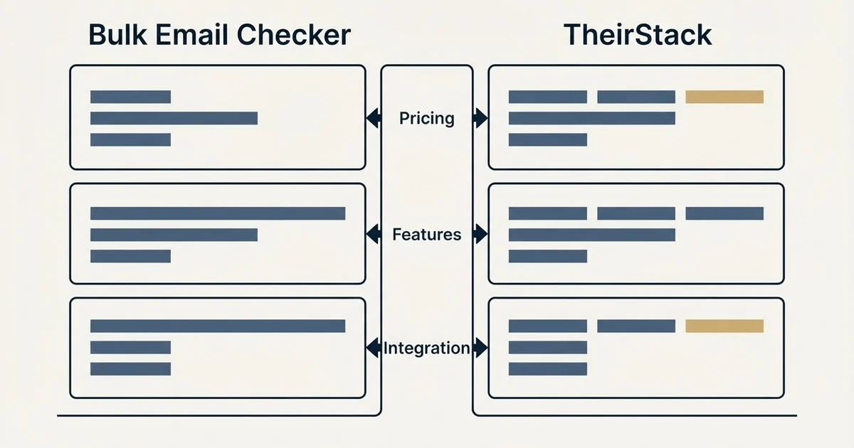 Comparison panel: Bulk Email Checker vs TheirStack (Pricing, Features, Integration)