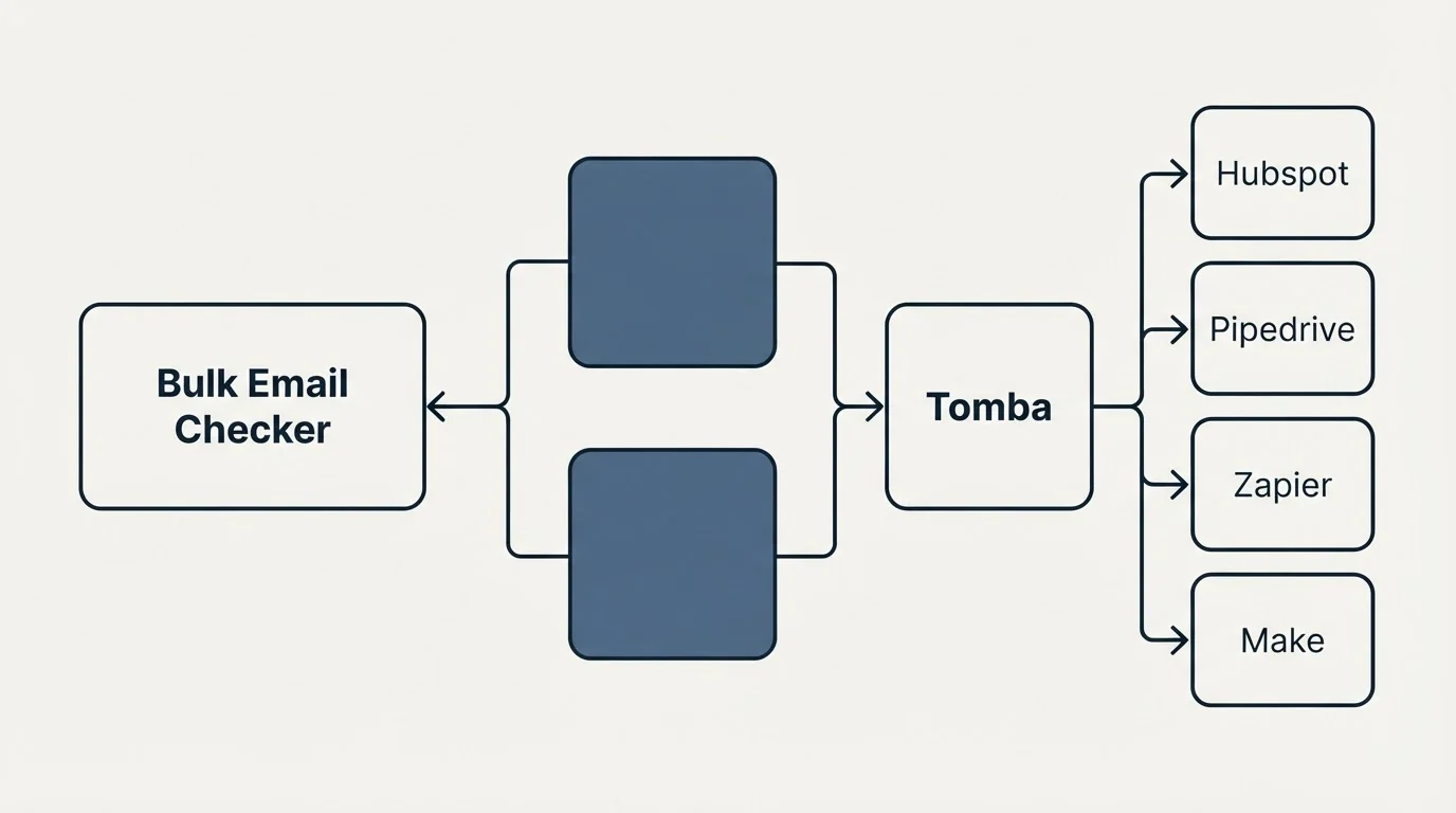 Integration flow: Integration Ecosystem (Bulk Email Checker, Tomba, Hubspot, Pipedrive)