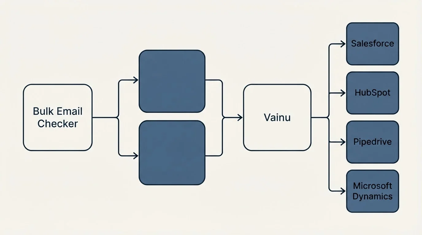 Integration flow: Integration Ecosystem (Bulk Email Checker, Vainu, Salesforce, HubSpot)