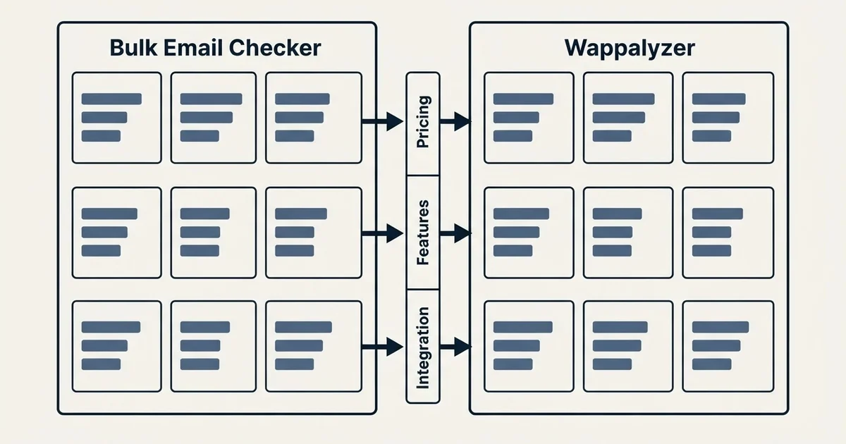 Comparison panel: Bulk Email Checker vs Wappalyzer (Pricing, Features, Integration)