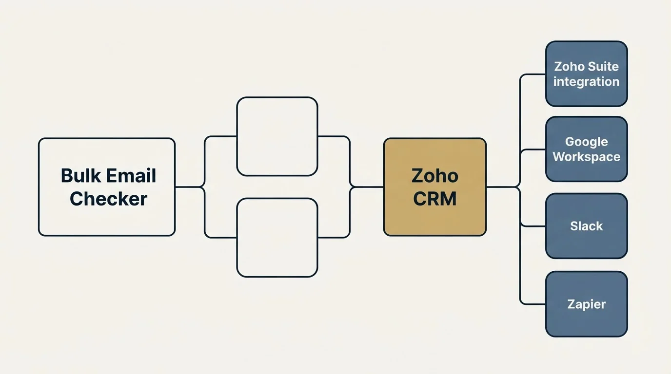 Integration schematic: Integration Ecosystem (Bulk Email Checker, Zoho CRM, Zoho Suite integration, Google Workspace)