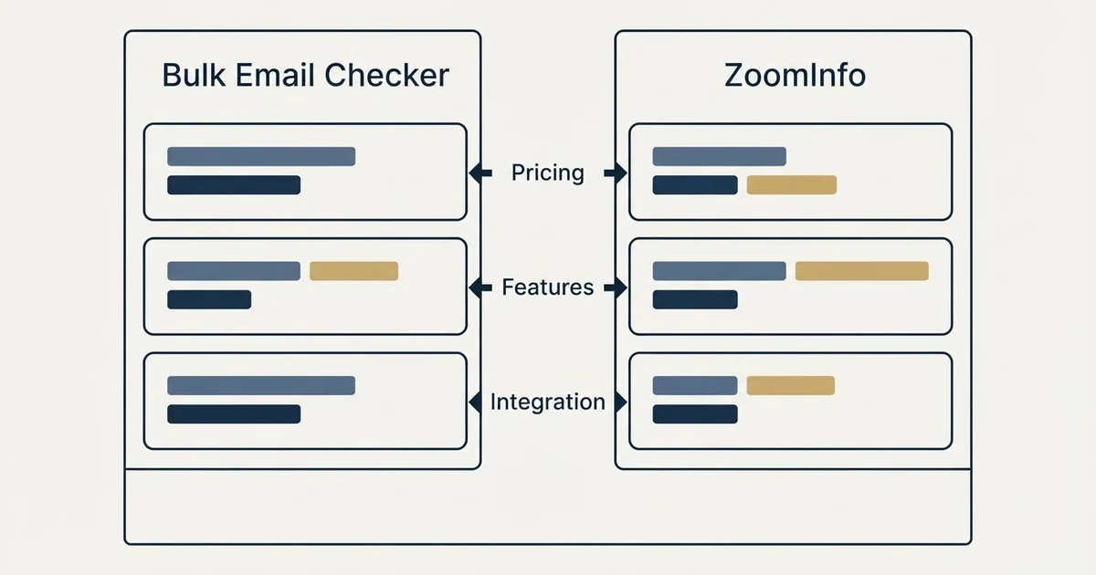 Comparison panel: Bulk Email Checker vs ZoomInfo (Pricing, Features, Integration)