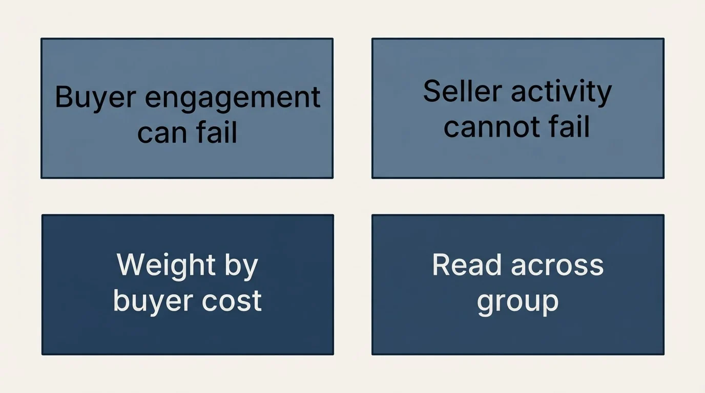 Schematic: The short version (Buyer engagement can fail, Seller activity cannot fail, Weight by buyer cost, Read across group)