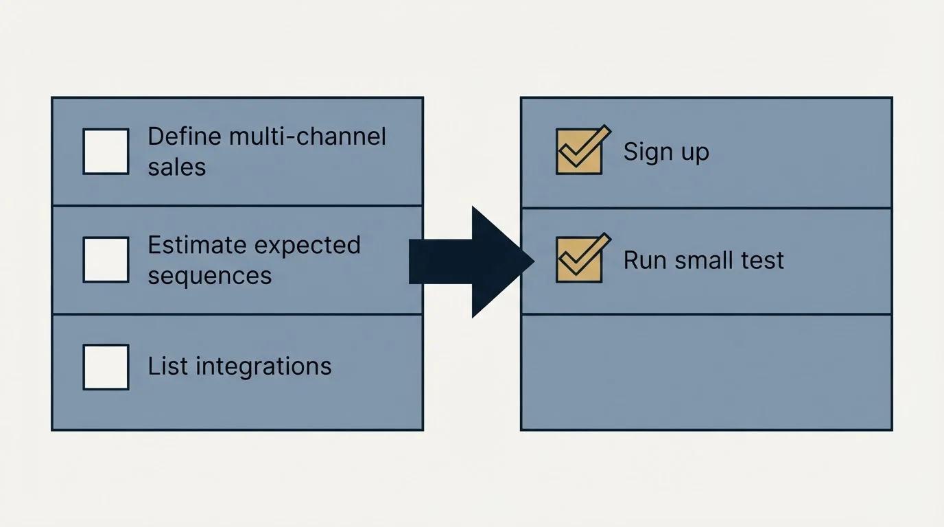 Before-and-after steps: Getting Started Checklist (Define multi-channel sales, Estimate expected sequences, List integrations, Sign up)
