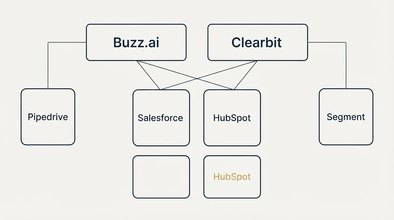 Integration grid: Integration Ecosystem (Buzz.ai, Clearbit, Salesforce, HubSpot)
