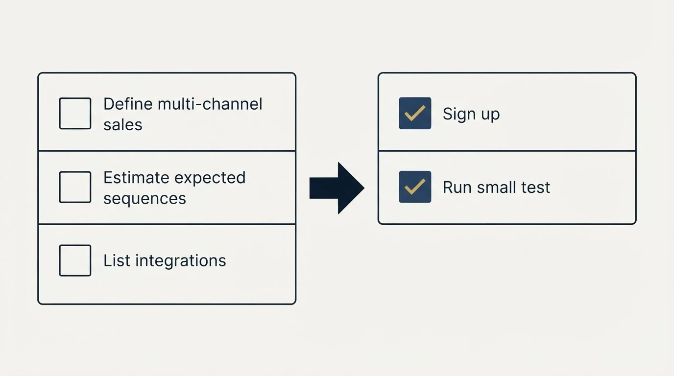 Before-and-after steps: Getting Started Checklist (Define multi-channel sales, Estimate expected sequences, List integrations, Sign up)