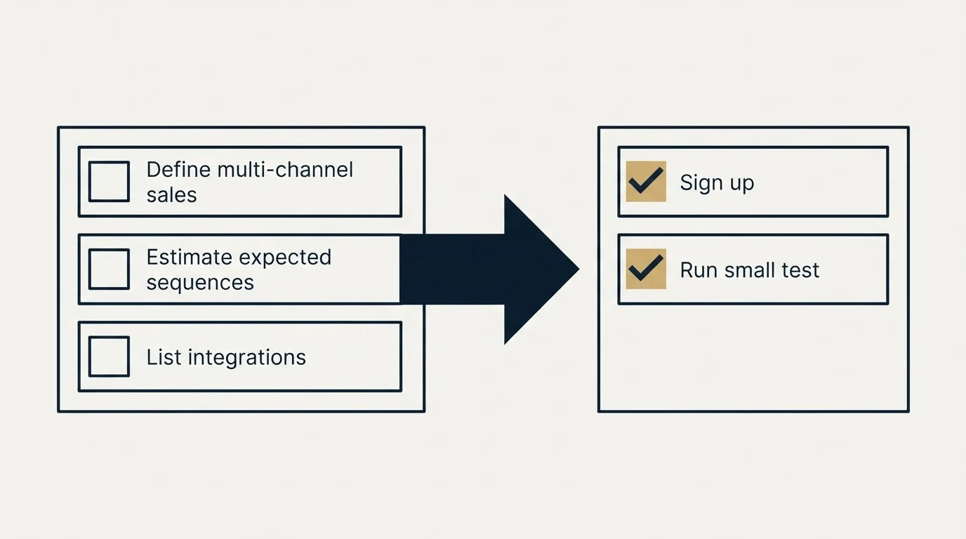 Before-and-after steps: Getting Started Checklist (Define multi-channel sales, Estimate expected sequences, List integrations, Sign up)