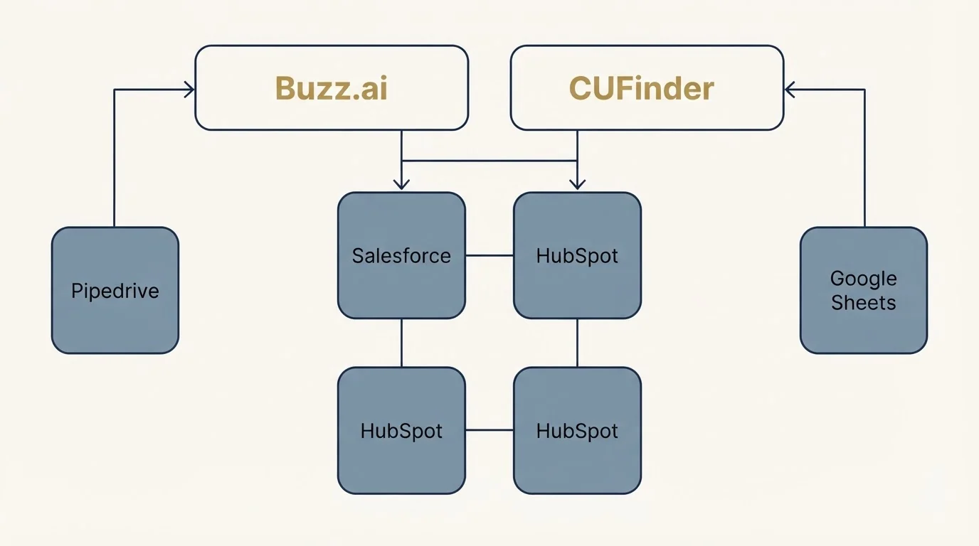 Integration grid: Integration Ecosystem (Buzz.ai, CUFinder, Salesforce, HubSpot)