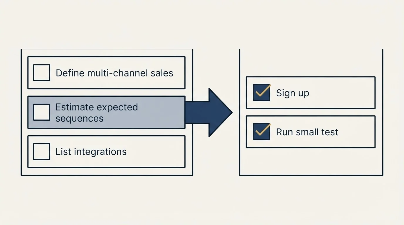 Before-and-after steps: Getting Started Checklist (Define multi-channel sales, Estimate expected sequences, List integrations, Sign up)