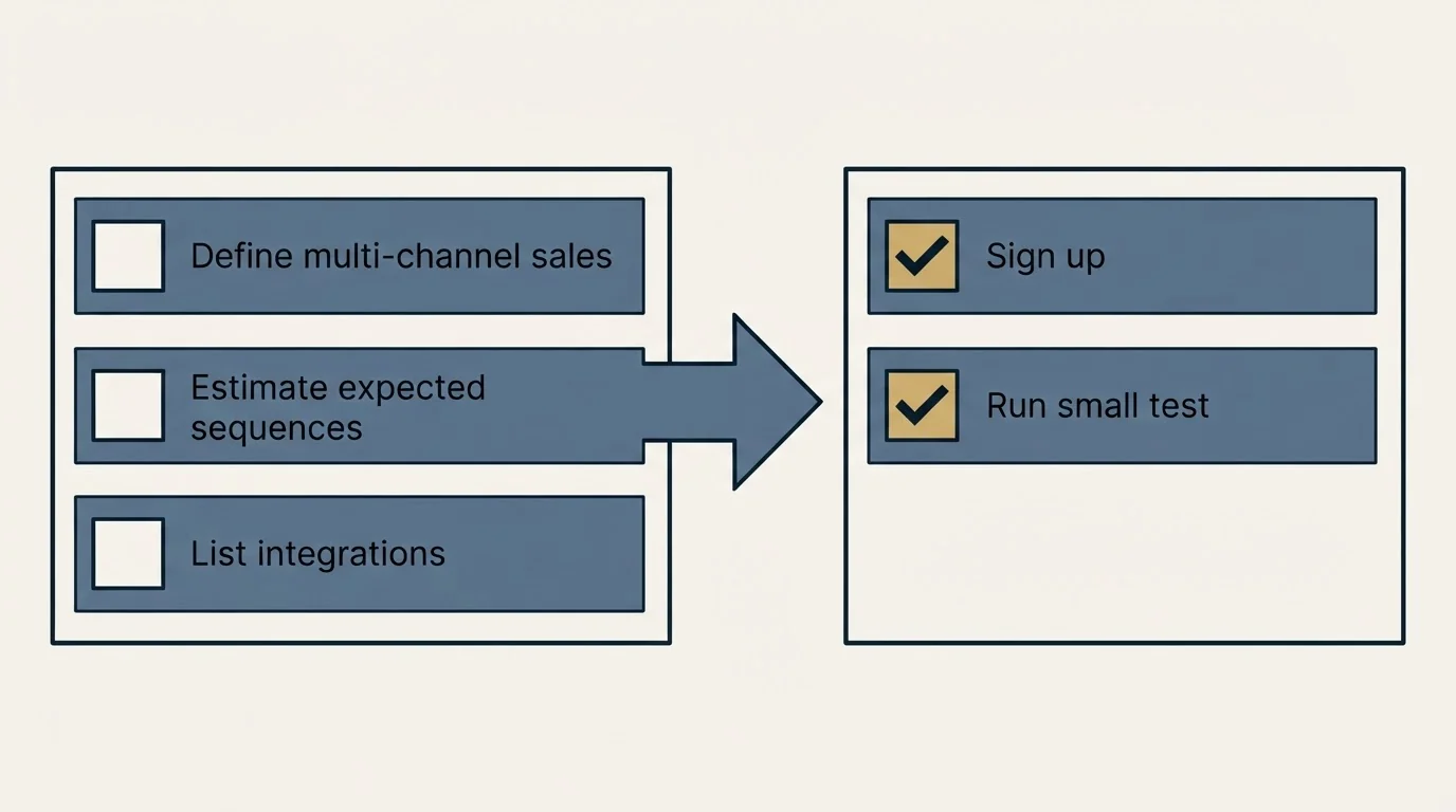 Before-and-after steps: Getting Started Checklist (Define multi-channel sales, Estimate expected sequences, List integrations, Sign up)