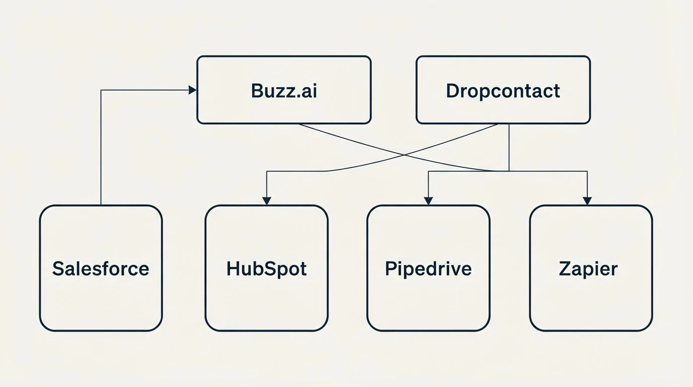 Integration grid: Integration Ecosystem (Buzz.ai, Dropcontact, HubSpot, Pipedrive)