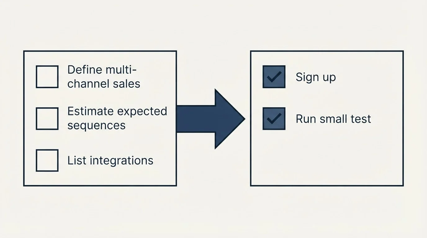 Before-and-after steps: Getting Started Checklist (Define multi-channel sales, Estimate expected sequences, List integrations, Sign up)