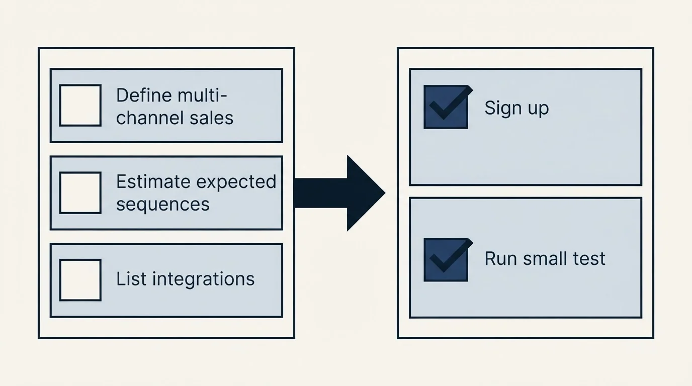 Before-and-after steps: Getting Started Checklist (Define multi-channel sales, Estimate expected sequences, List integrations, Sign up)