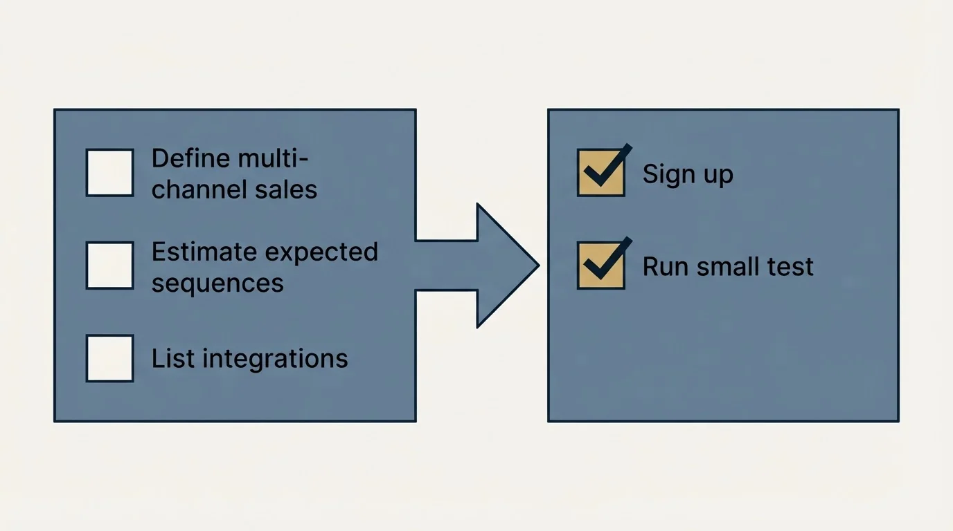 Before-and-after steps: Getting Started Checklist (Define multi-channel sales, Estimate expected sequences, List integrations, Sign up)