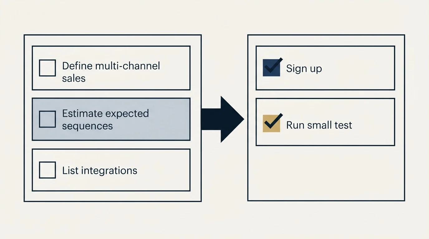 Before-and-after steps: Getting Started Checklist (Define multi-channel sales, Estimate expected sequences, List integrations, Sign up)