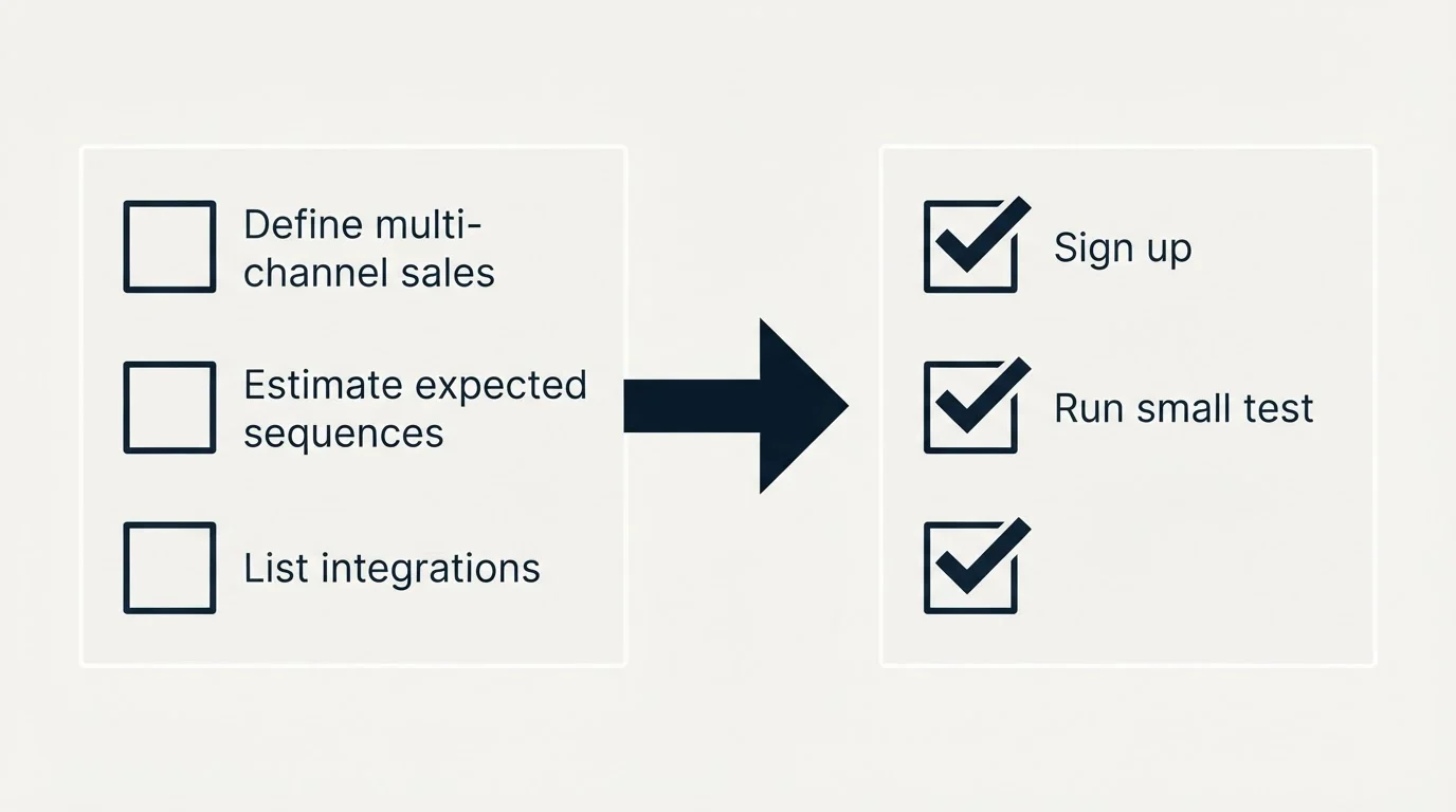 Before-and-after steps: Getting Started Checklist (Define multi-channel sales, Estimate expected sequences, List integrations, Sign up)