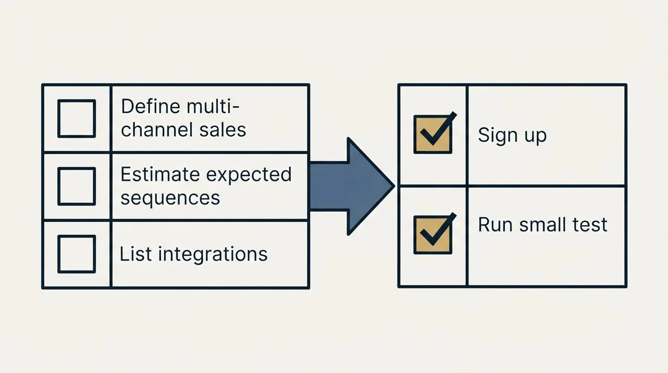 Before-and-after steps: Getting Started Checklist (Define multi-channel sales, Estimate expected sequences, List integrations, Sign up)