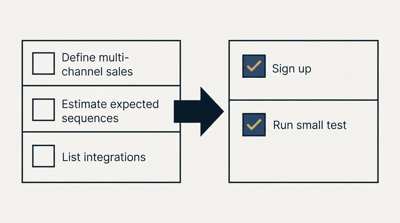 Before-and-after steps: Getting Started Checklist (Define multi-channel sales, Estimate expected sequences, List integrations, Sign up)