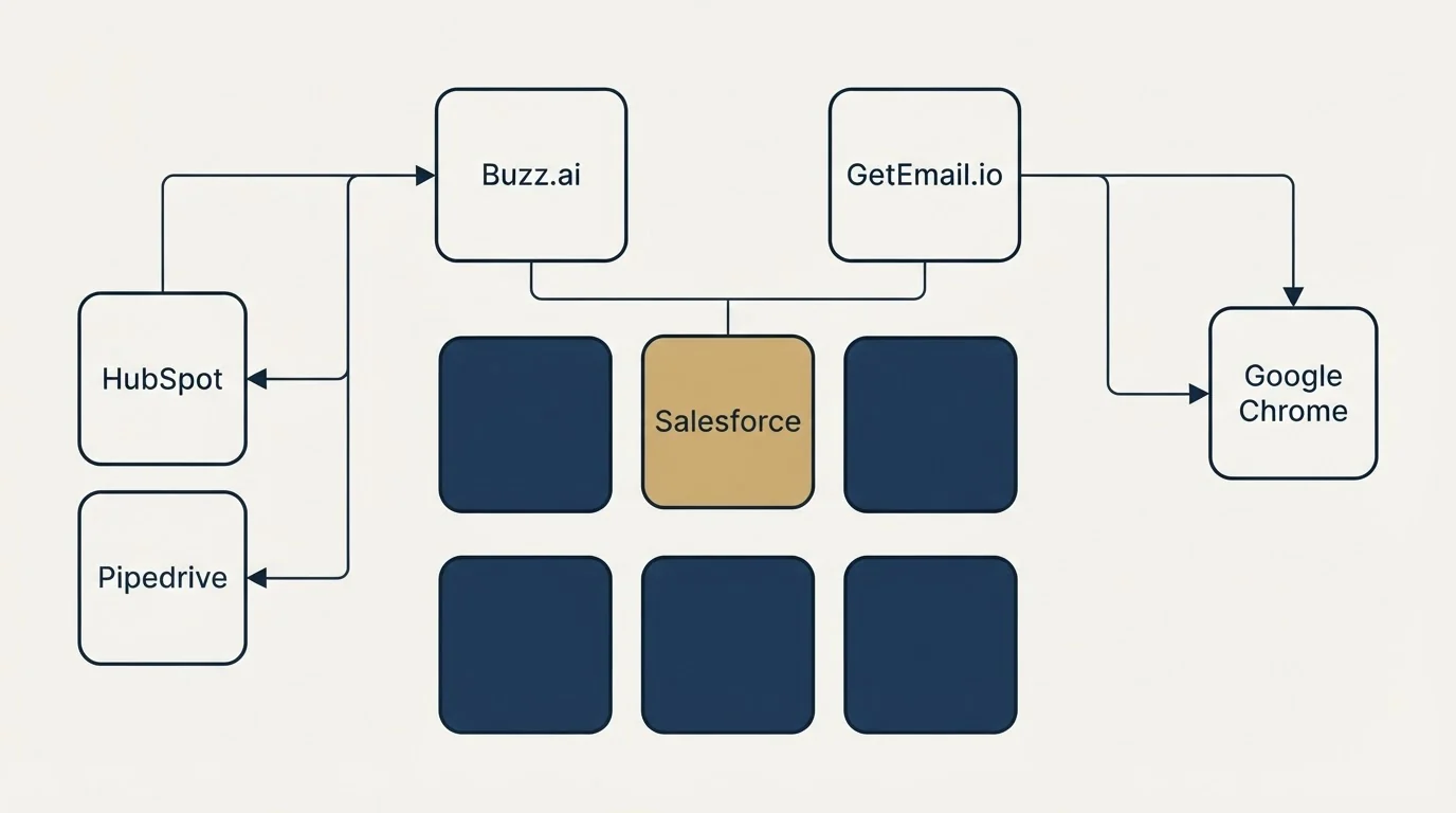 Integration grid: Integration Ecosystem (Buzz.ai, GetEmail.io, Salesforce, HubSpot)