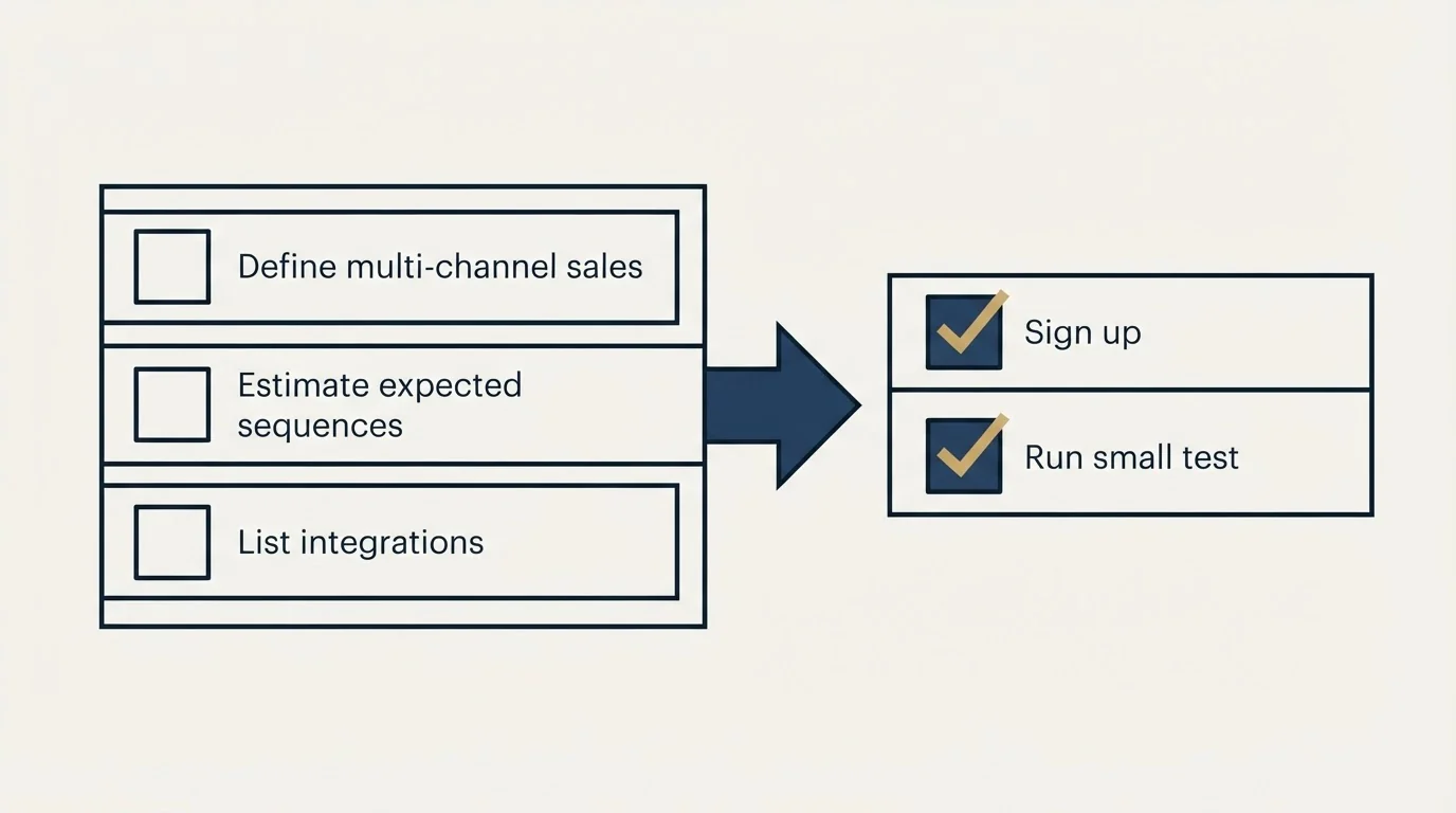 Before-and-after steps: Getting Started Checklist (Define multi-channel sales, Estimate expected sequences, List integrations, Sign up)