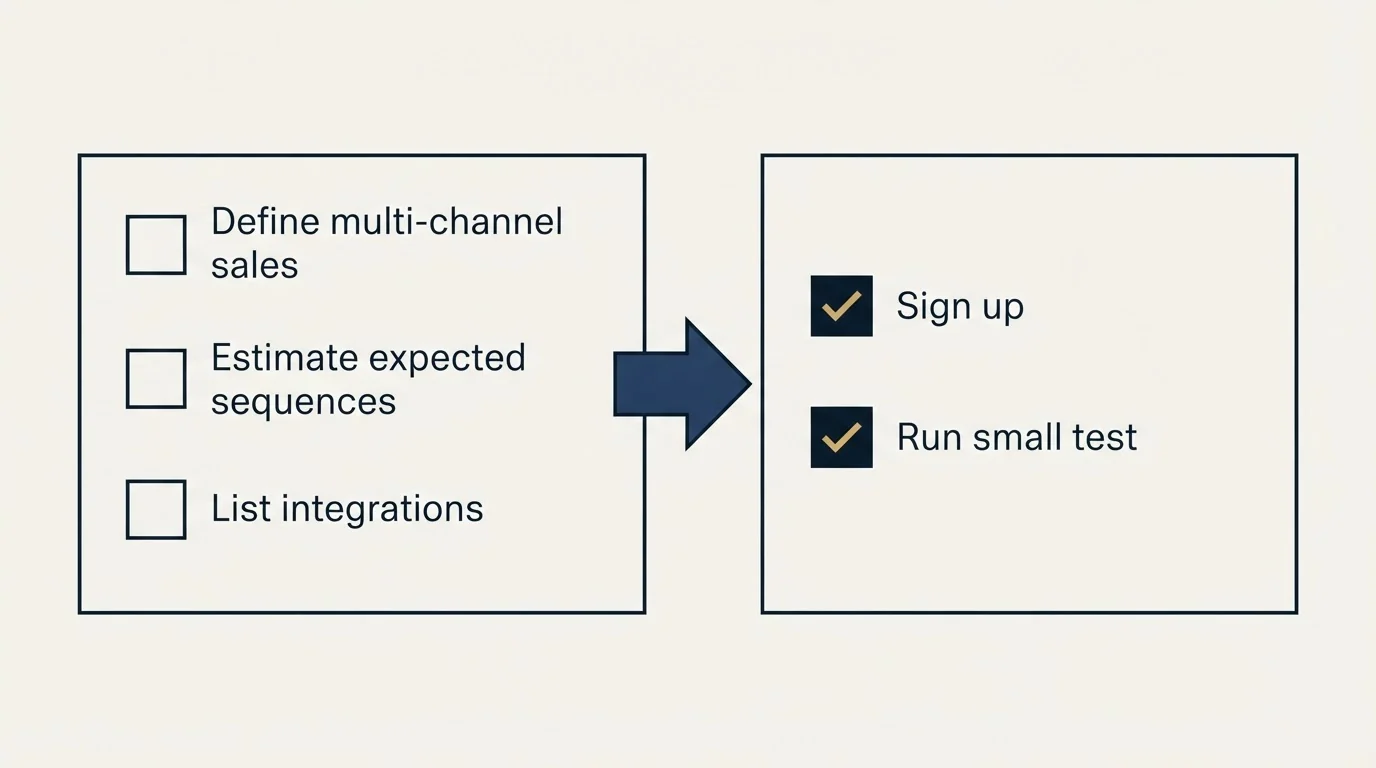 Before-and-after steps: Getting Started Checklist (Define multi-channel sales, Estimate expected sequences, List integrations, Sign up)