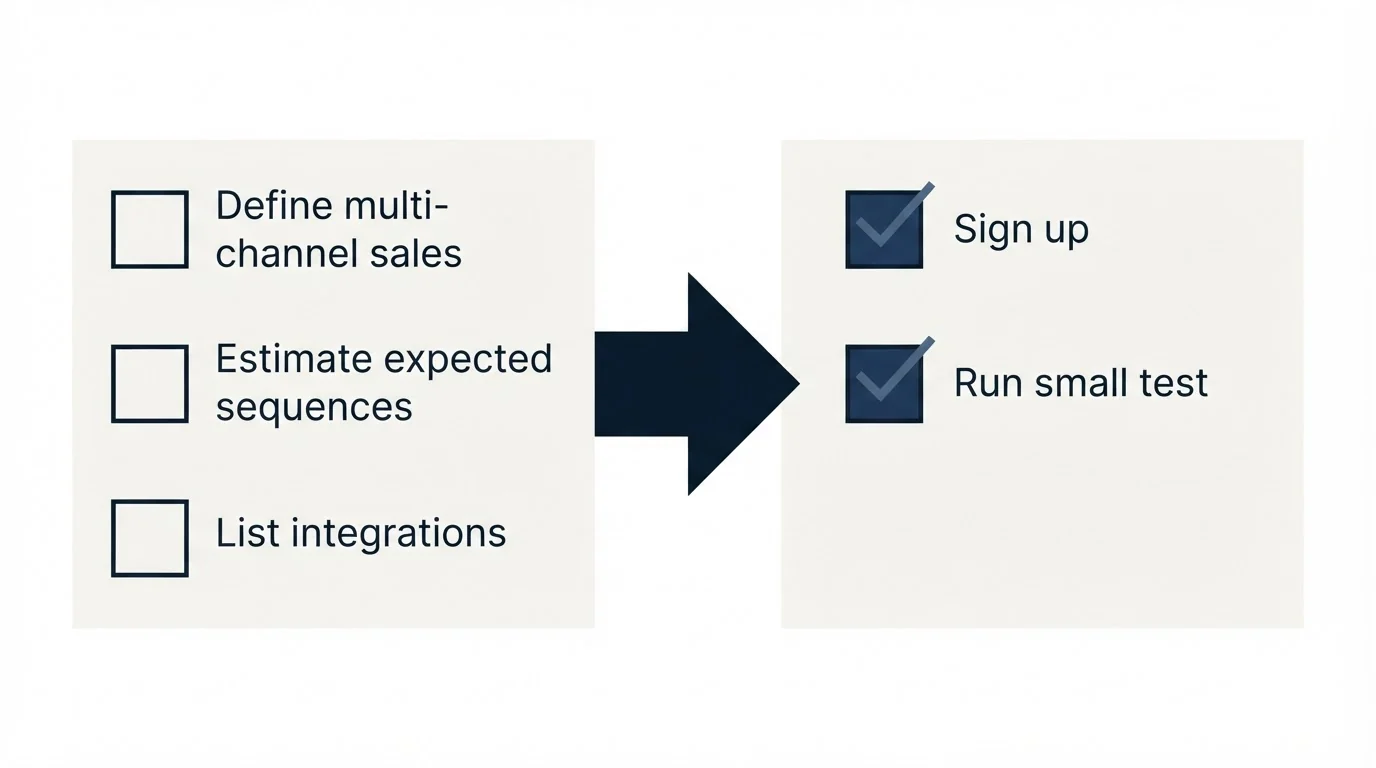 Before-and-after steps: Getting Started Checklist (Define multi-channel sales, Estimate expected sequences, List integrations, Sign up)