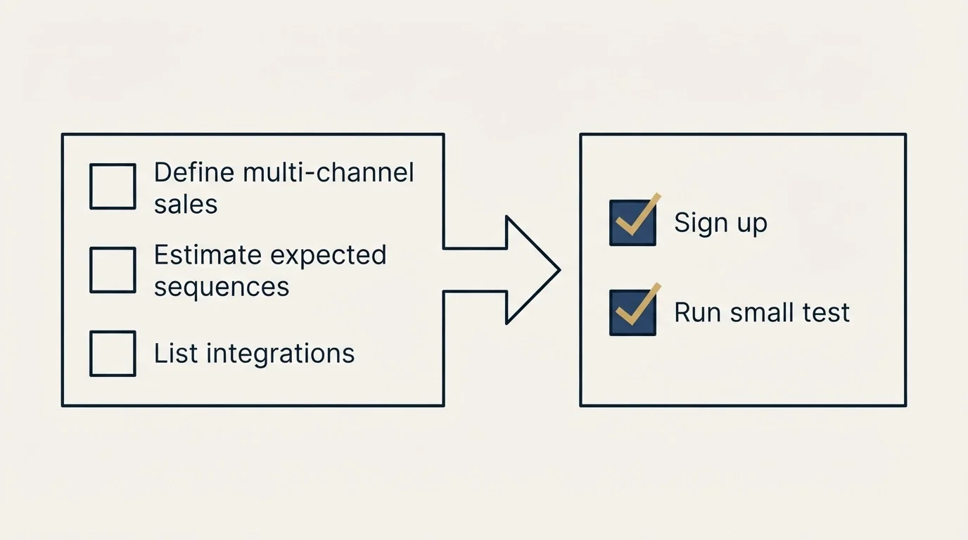 Before-and-after steps: Getting Started Checklist (Define multi-channel sales, Estimate expected sequences, List integrations, Sign up)