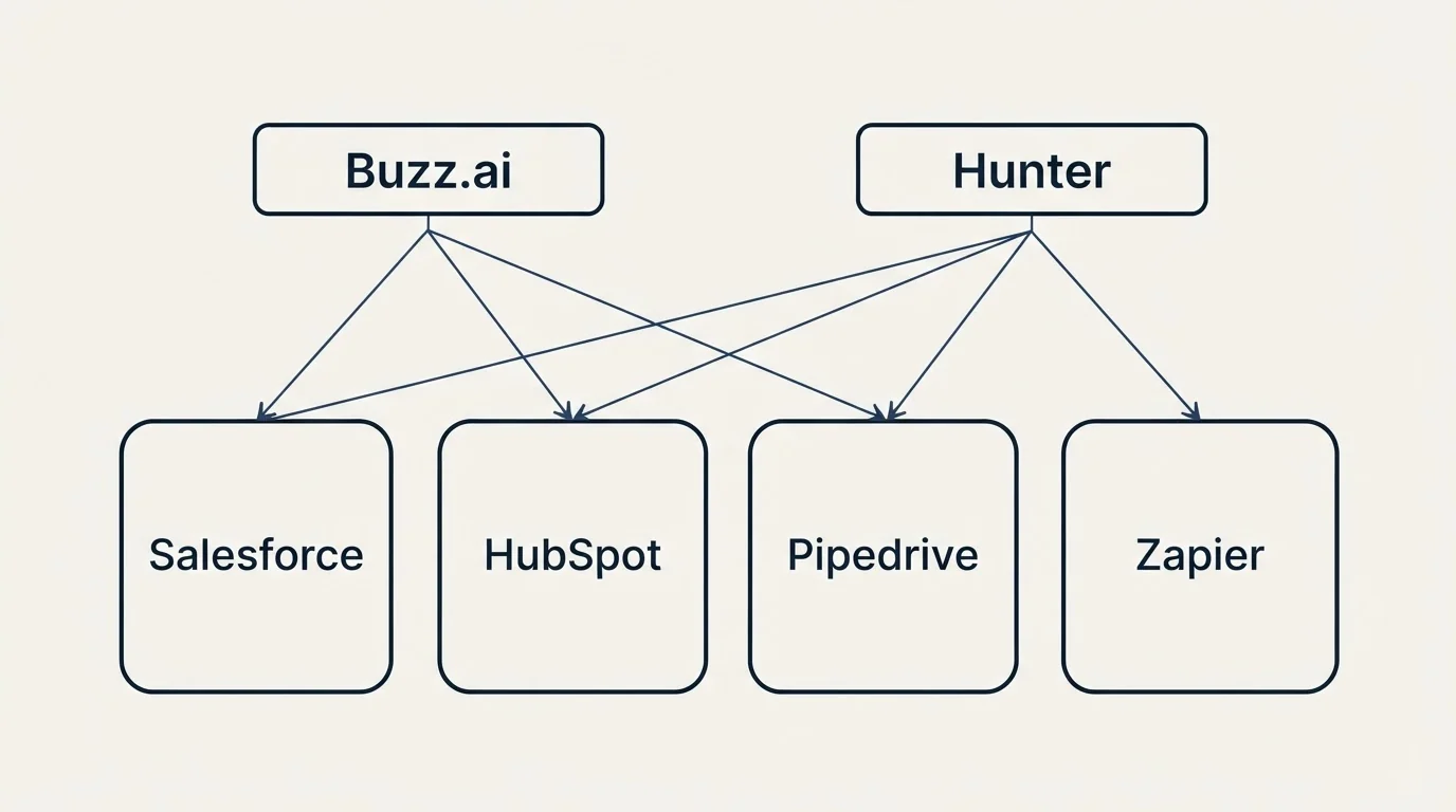 Integration grid: Integration Ecosystem (Buzz.ai, Hunter, Salesforce, HubSpot)