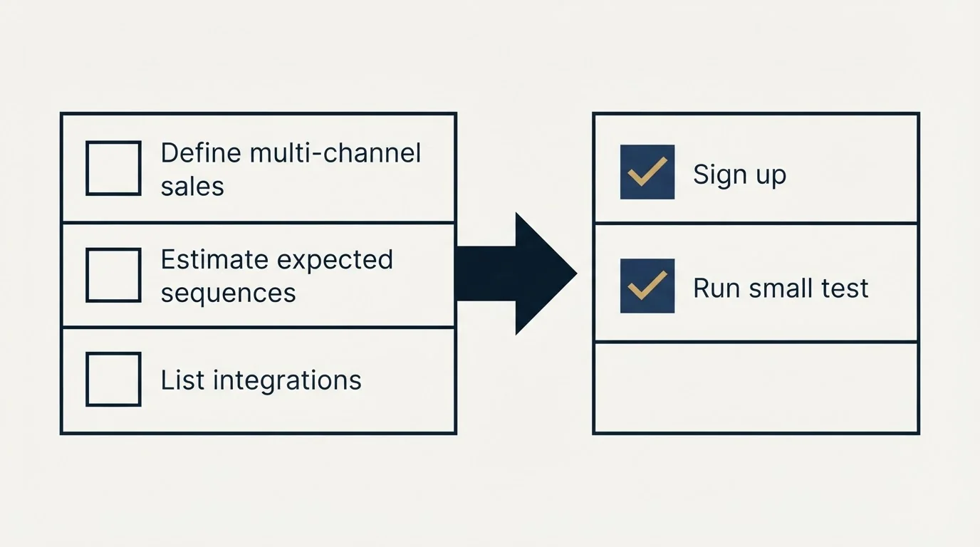 Before-and-after steps: Getting Started Checklist (Define multi-channel sales, Estimate expected sequences, List integrations, Sign up)