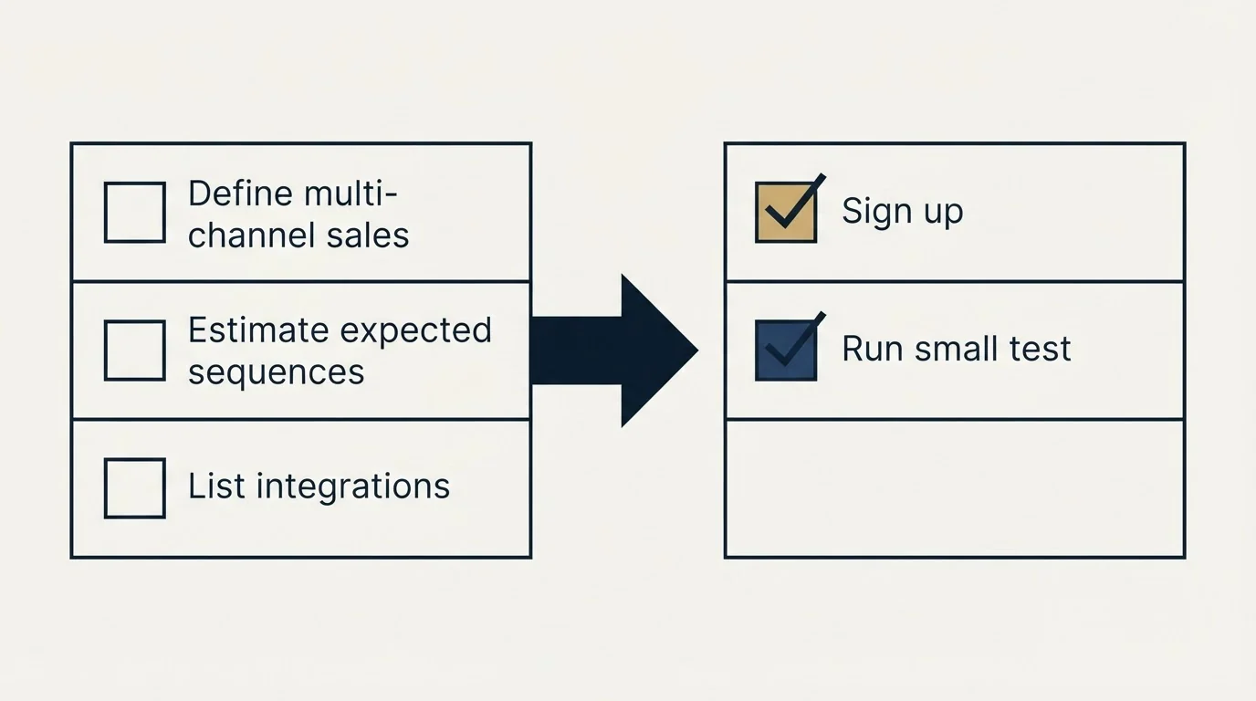 Before-and-after steps: Getting Started Checklist (Define multi-channel sales, Estimate expected sequences, List integrations, Sign up)