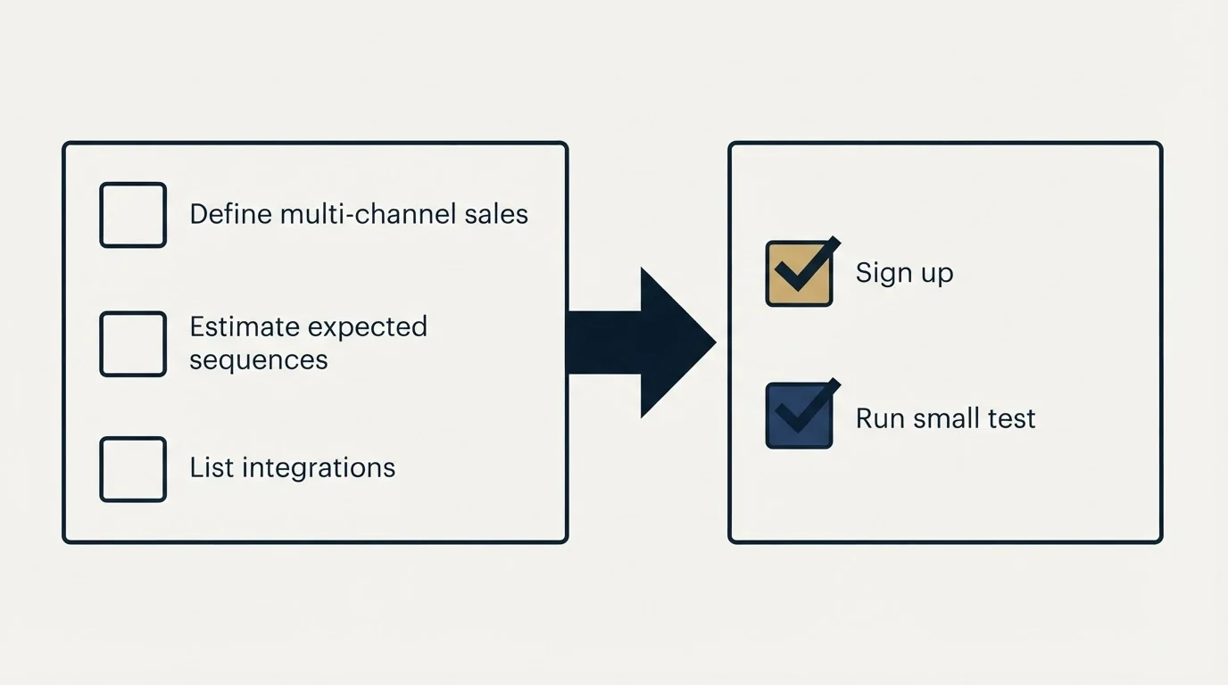 Before-and-after steps: Getting Started Checklist (Define multi-channel sales, Estimate expected sequences, List integrations, Sign up)