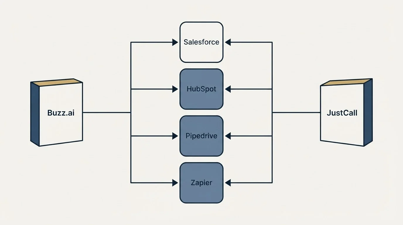 Integration flow: Integration Ecosystem (Buzz.ai, JustCall, Salesforce, HubSpot)