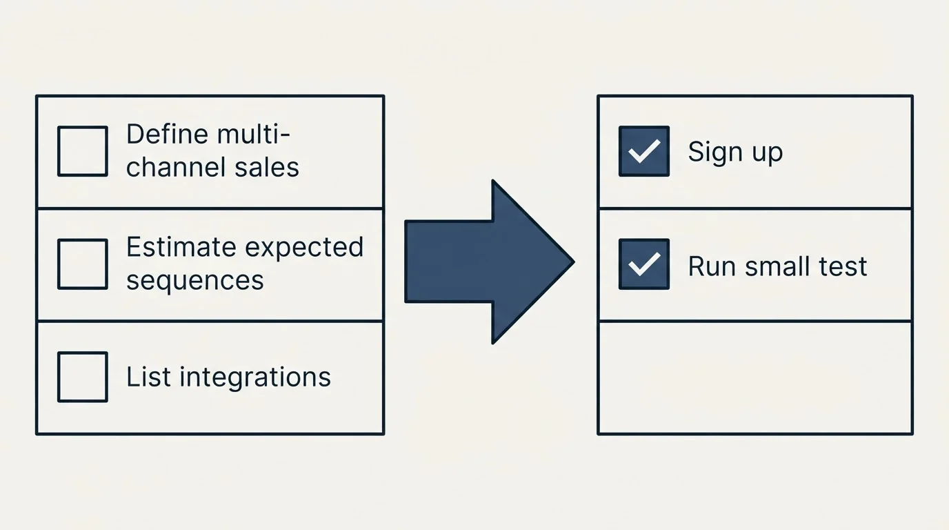 Before-and-after steps: Getting Started Checklist (Define multi-channel sales, Estimate expected sequences, List integrations, Sign up)