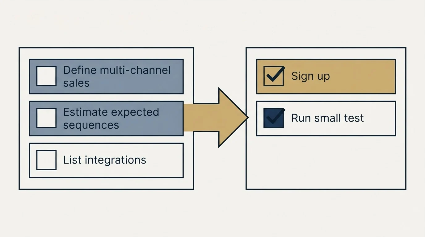 Before-and-after steps: Getting Started Checklist (Define multi-channel sales, Estimate expected sequences, List integrations, Sign up)