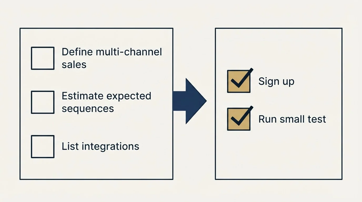 Before-and-after steps: Getting Started Checklist (Define multi-channel sales, Estimate expected sequences, List integrations, Sign up)