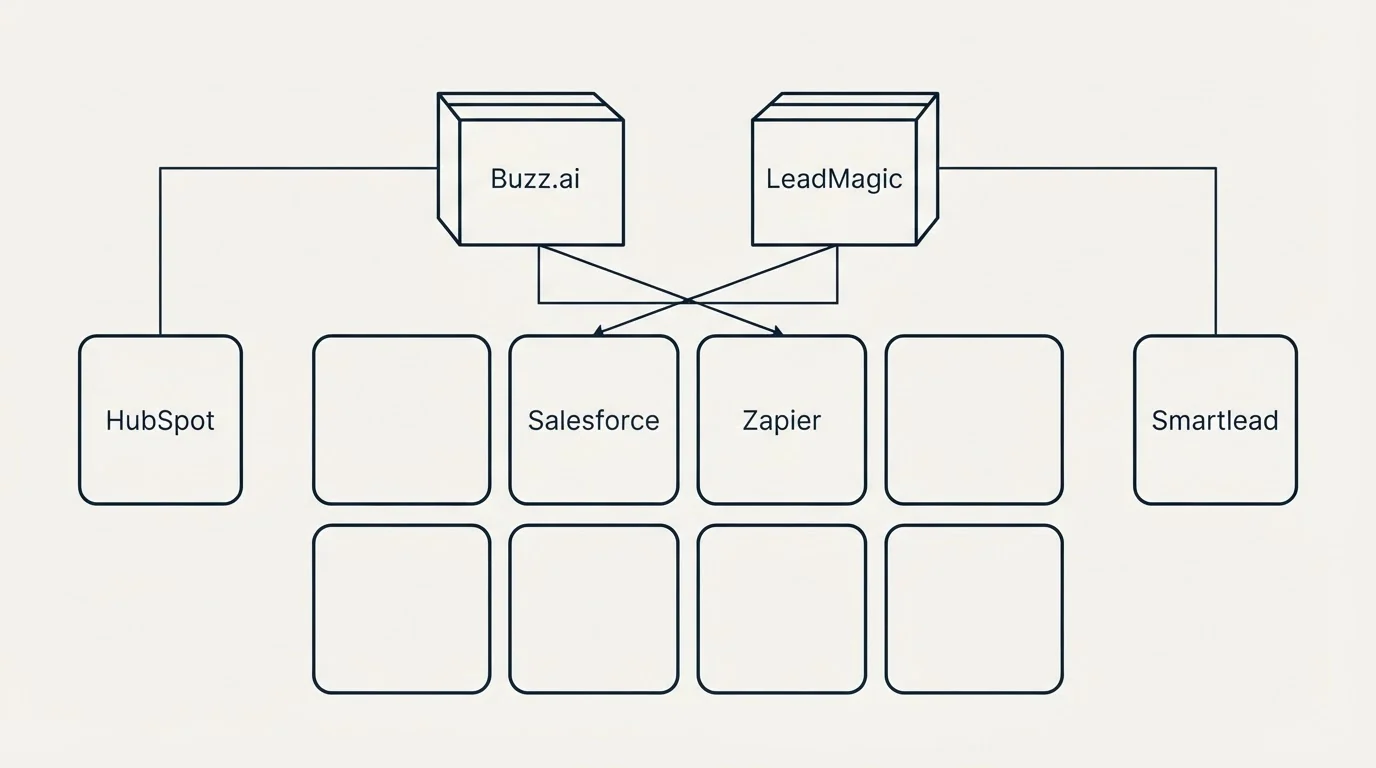 Integration grid: Integration Ecosystem (Buzz.ai, LeadMagic, Salesforce, Zapier)