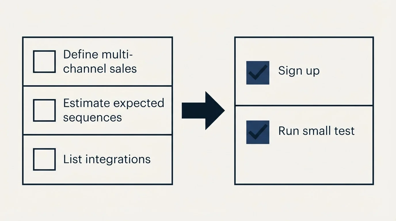 Before-and-after steps: Getting Started Checklist (Define multi-channel sales, Estimate expected sequences, List integrations, Sign up)