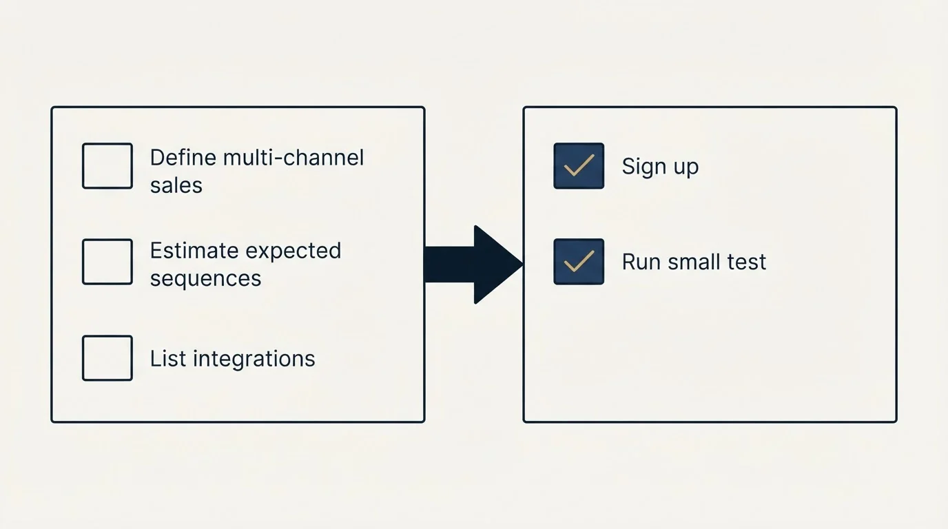 Before-and-after steps: Getting Started Checklist (Define multi-channel sales, Estimate expected sequences, List integrations, Sign up)