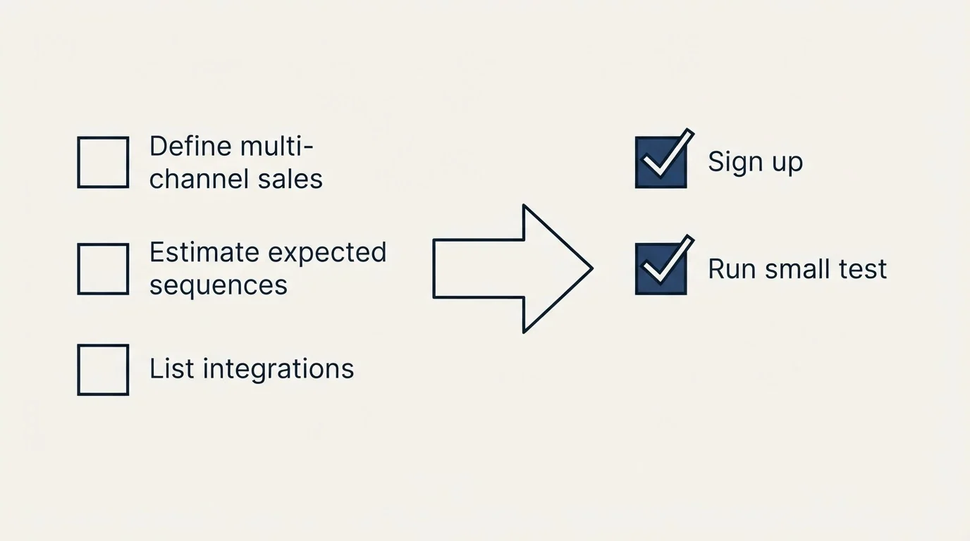 Before-and-after steps: Getting Started Checklist (Define multi-channel sales, Estimate expected sequences, List integrations, Sign up)