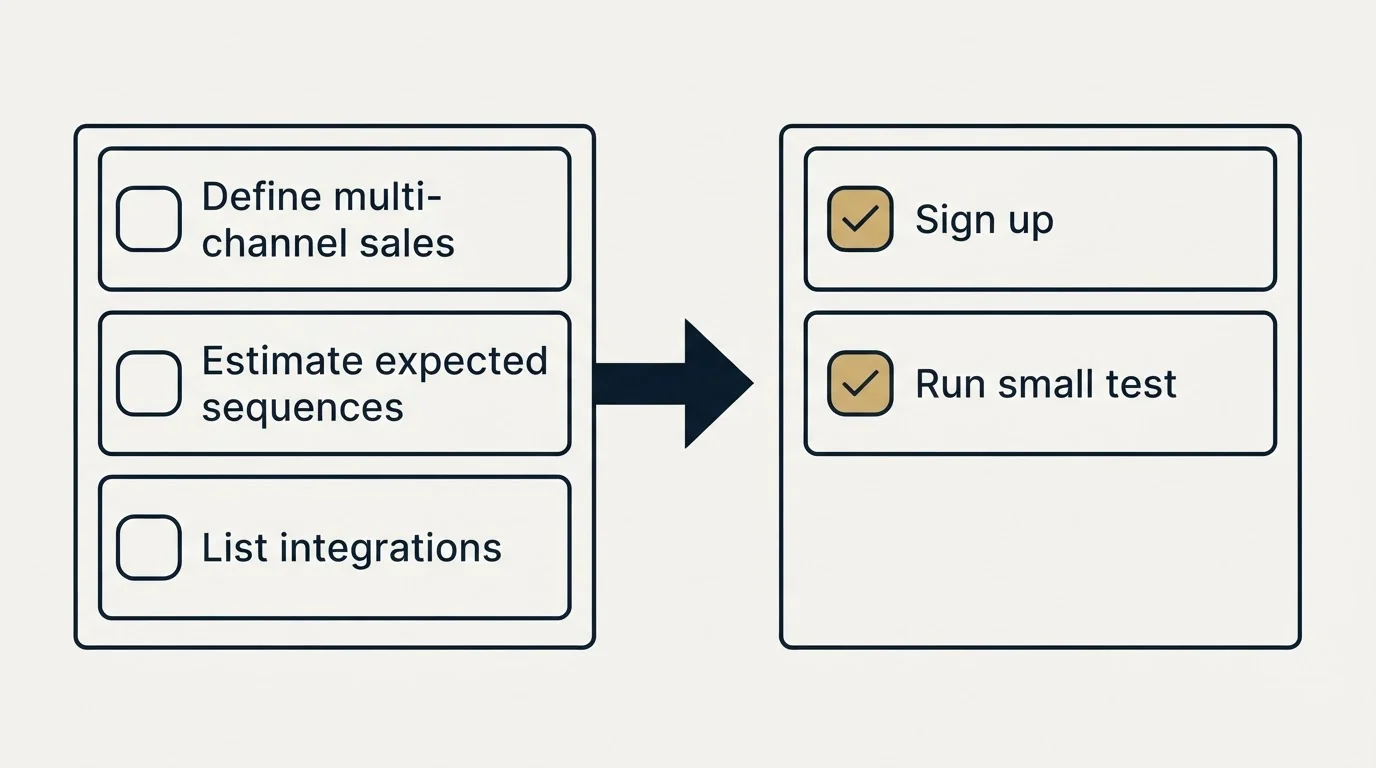 Before-and-after steps: Getting Started Checklist (Define multi-channel sales, Estimate expected sequences, List integrations, Sign up)