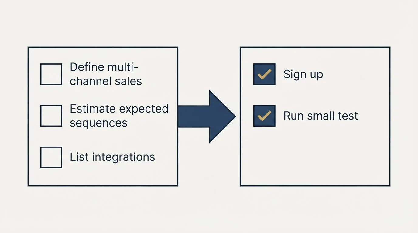 Before-and-after steps: Getting Started Checklist (Define multi-channel sales, Estimate expected sequences, List integrations, Sign up)