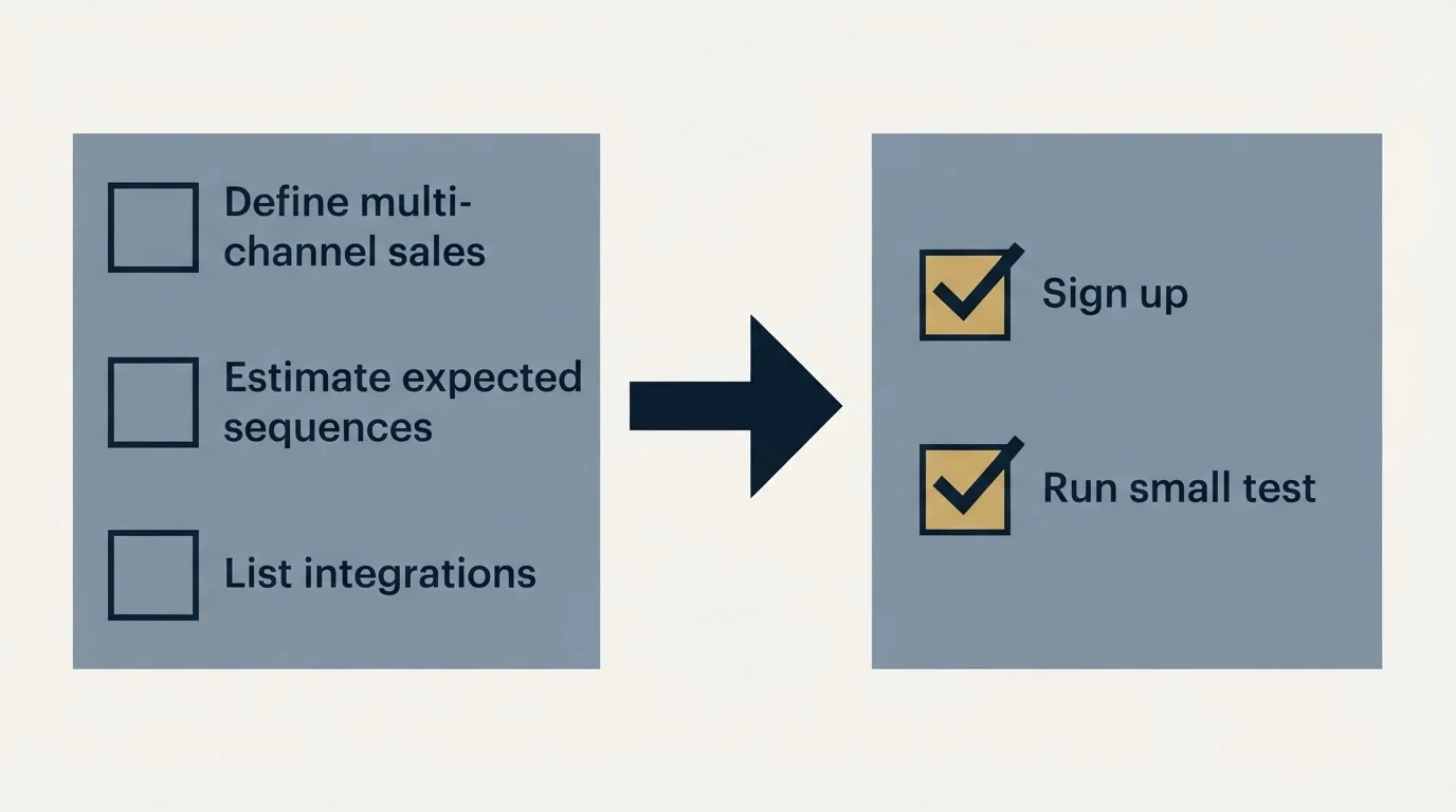 Before-and-after steps: Getting Started Checklist (Define multi-channel sales, Estimate expected sequences, List integrations, Sign up)
