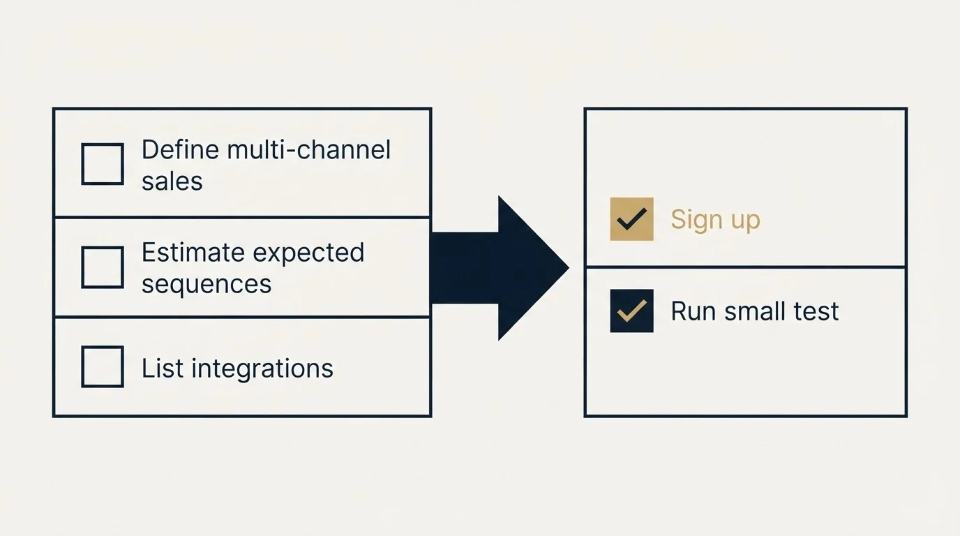 Before-and-after steps: Getting Started Checklist (Define multi-channel sales, Estimate expected sequences, List integrations, Sign up)
