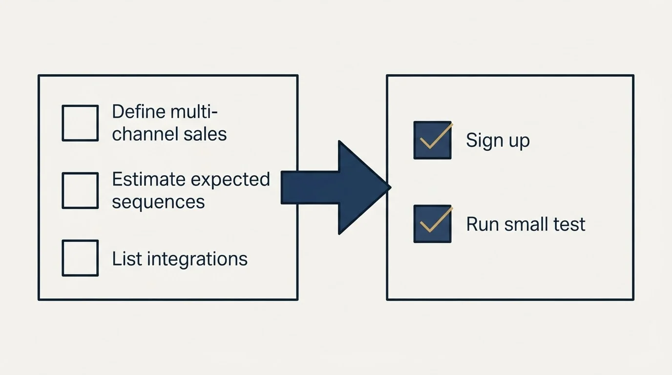 Before-and-after steps: Getting Started Checklist (Define multi-channel sales, Estimate expected sequences, List integrations, Sign up)