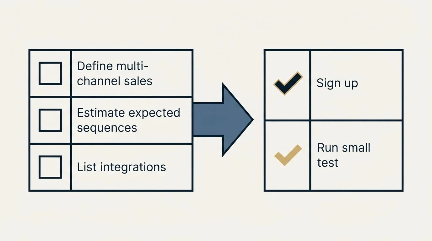 Before-and-after steps: Getting Started Checklist (Define multi-channel sales, Estimate expected sequences, List integrations, Sign up)