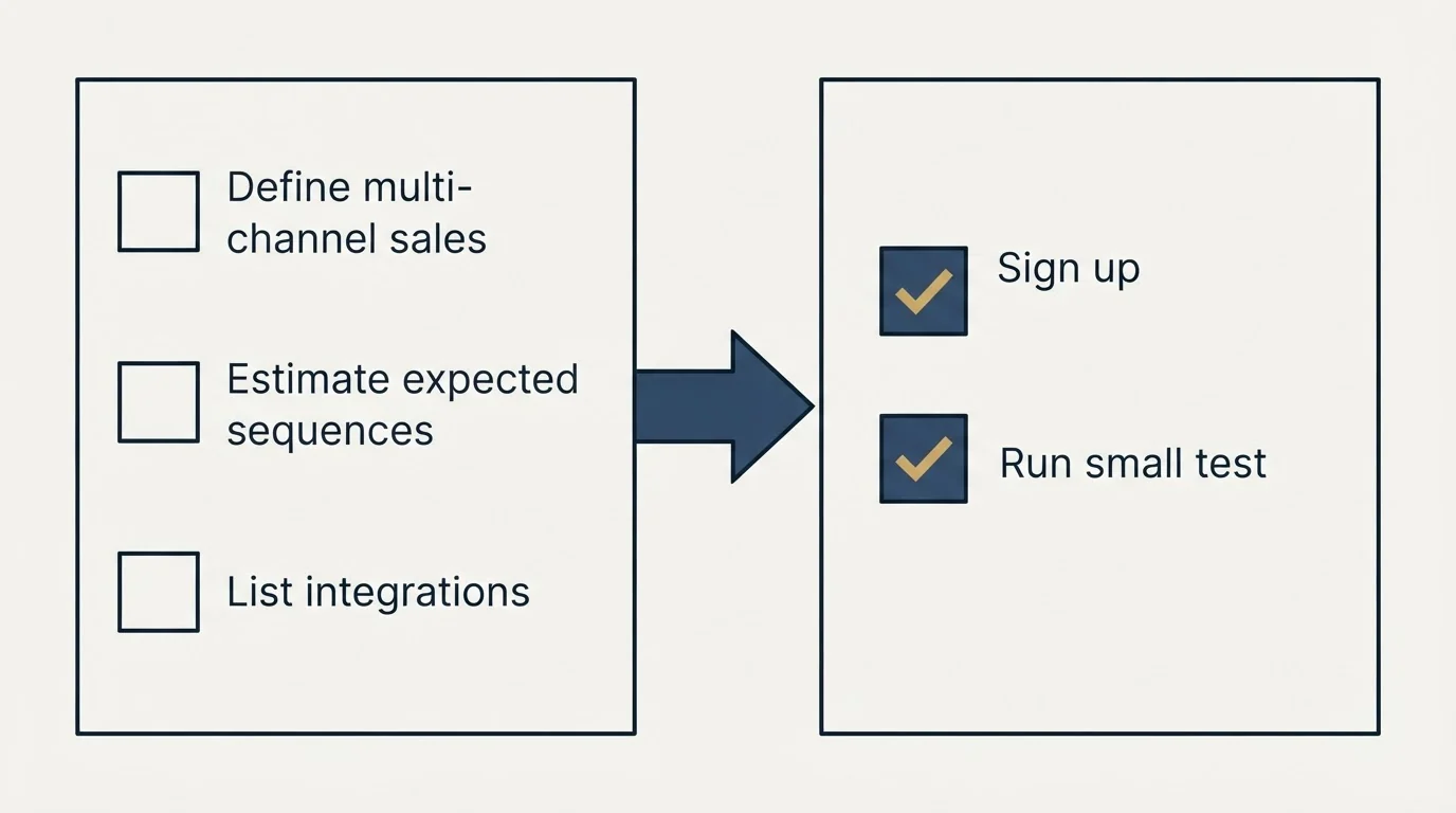Before-and-after steps: Getting Started Checklist (Define multi-channel sales, Estimate expected sequences, List integrations, Sign up)