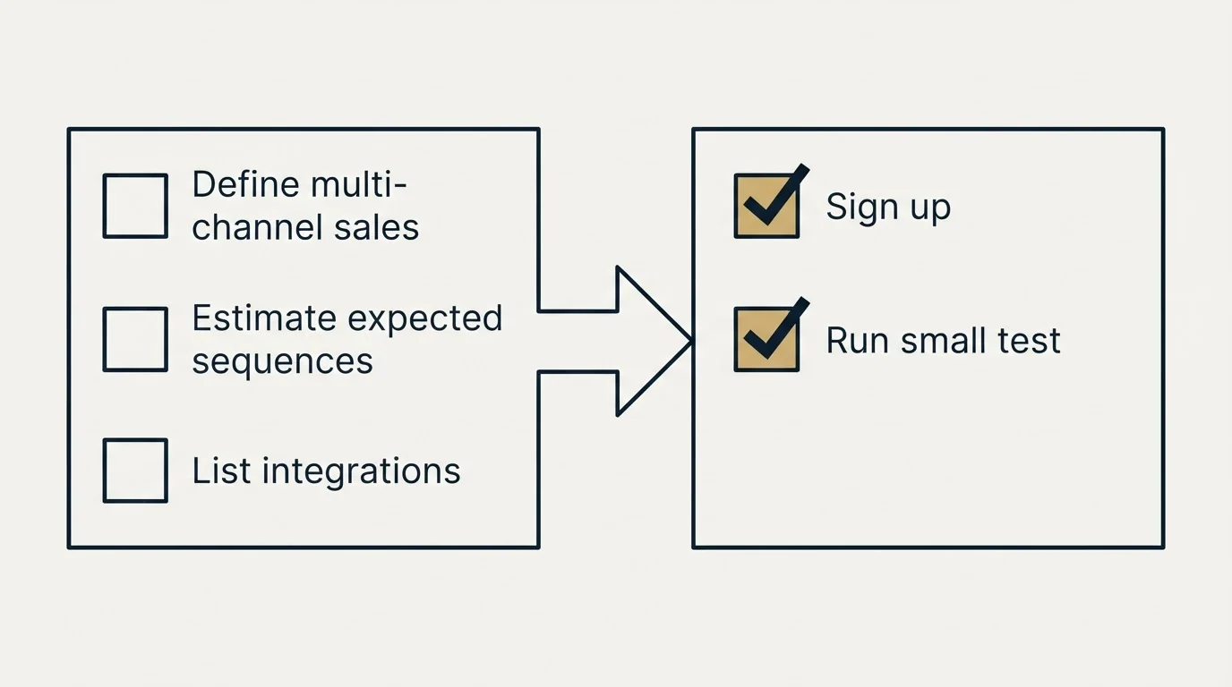 Before-and-after steps: Getting Started Checklist (Define multi-channel sales, Estimate expected sequences, List integrations, Sign up)