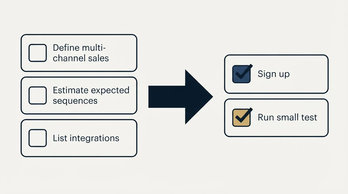 Before-and-after steps: Getting Started Checklist (Define multi-channel sales, Estimate expected sequences, List integrations, Sign up)