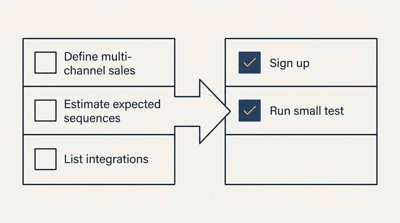 Before-and-after steps: Getting Started Checklist (Define multi-channel sales, Estimate expected sequences, List integrations, Sign up)