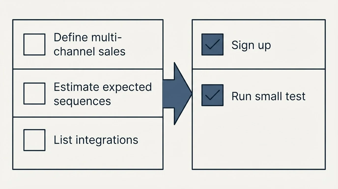 Before-and-after steps: Getting Started Checklist (Define multi-channel sales, Estimate expected sequences, List integrations, Sign up)